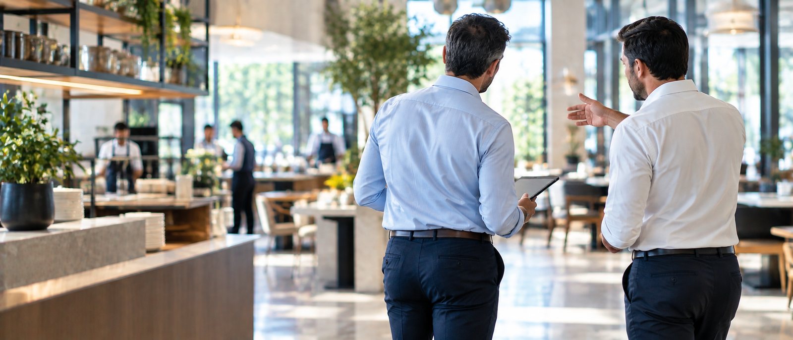 Dos profesionales recorren un espacio de trabajo moderno mientras conversan