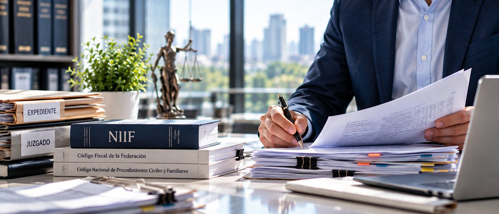 Profesional revisa expedientes y documentos en un escritorio con libros de normatividad y una figura de la justicia
